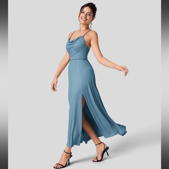 Ribbed Cowl Neck Backless Crisscross Lace Up Split Midi Party Dress - Picture 3 of 4